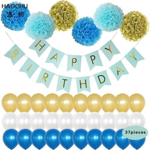 HAOCHU 37pcs/set 10inch Blue Gold Paper Pom Pom Kissing Ball Paper Banner Flags Kids Birthday Party Decorations Set Supplies