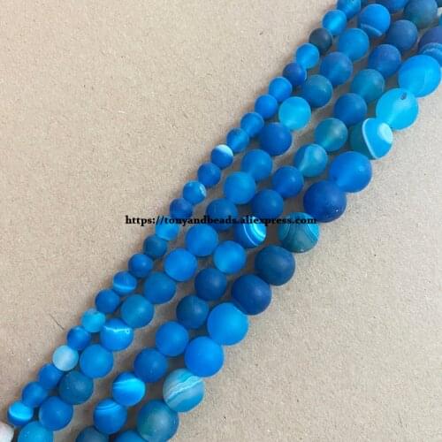 15" Natural Stone Frost Grind Arenaceous Matte Blue Stripe Agates Onyx Round Loose Beads 6 8 10 MM Pick Size