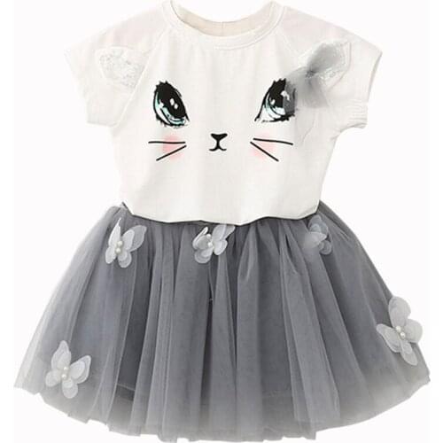 Summer Girls Dress 2pcs Set Cute Cartoon Cat Print T-shirt Top with Gauze Skirt Toddler Kids Outfits Clothing
