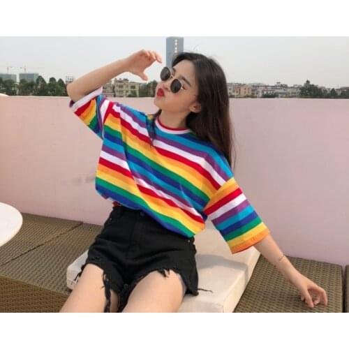 Sweet Rainbow Striped Print Half Sleeves T-shirts Womens Fahion O Neck Tees Tops