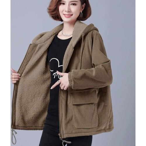 Women Corduroy Jacket Female Plus Velvet Thick Warm Coat Autumn Winter Casual Plus Size Loose Hoodie Windbreaker Outerwear R748