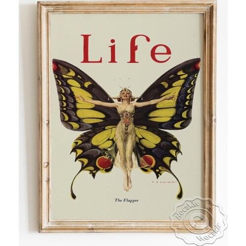 Life Magazine Cover Vintage Poster, Butterfly Elves Illustration Canvas Painting, The Flapper Woman Home Decor Wall Hanging