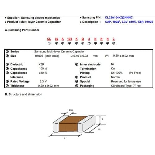 CL02A104KQ2NNNC General Super Small Size 100 nF 6.3 Vdc X5R 0.4 x 0.2 (01005) 0.2 mm ±10 % MLCC