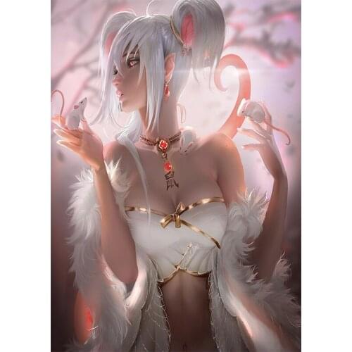 Print Anime Zodiac Mouse Girl Canvas Poster Custom White Uniform Sexy Loli Video Game Comic Wall Picture Decoration Painting