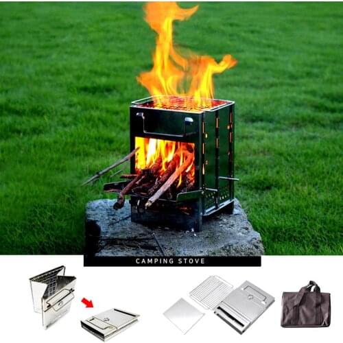 Folding Wood Burning Stove Blowpipe Wire Saw Kit Mini BBQ Grill with Carry Bag for Backpacking Hiking Camping Cooking
