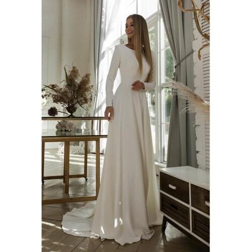 Ivory Soft Satin Long Sleeves Scoop Floor-Length A-Line Wedding Gowns Custom Made Court Train Bridal Dresses