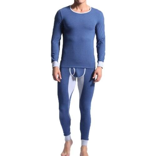 Mens Pajamas Sets Striped Cotton Male Warm Underwear Long Sleeve Top + Trousers Sleepwear Nightwear Plus Size Undershirts Suits