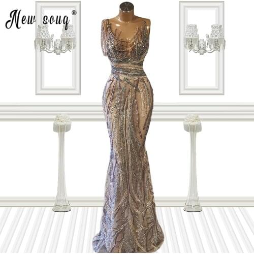 Dubai Sequins Beads O-Neck Mermaid Evening Dresses Design 2021 Luxury Evening Gown with Tassels Celebrity Influencer Dresses