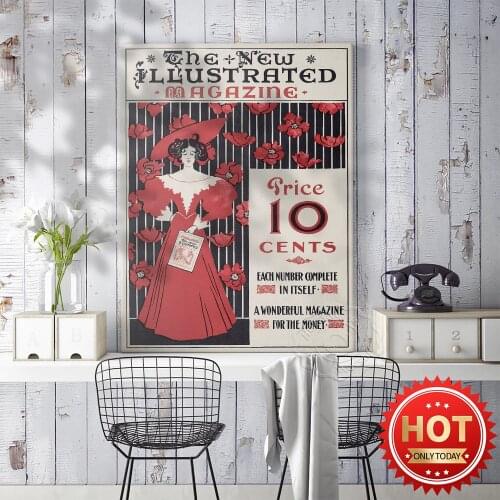 The Penny Magazine 1896 vintage cover, Flowers Cover Fashionably Dressed Woman Holding Magazine Art Nouveau Style Canvas Paintin