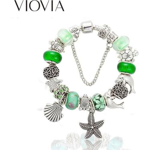 VIOVIA 2019 Sea Series Starfish Seashell Pendant Bracelet Green Charm Dolphin Bead Fit Original Bracelet Gifts for Women B15405