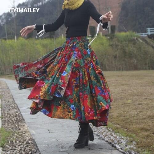 TIYIHAILEY Free Shipping 2021 New Big Hem Long Maxi A-line Elastic Waist Women Cotton Linen Print Flower High Quality Red Skirt
