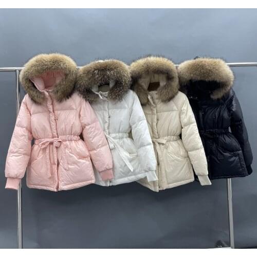 Womens Winter Jacket Down Coats Female Black Casual Belted Real Raccoon Fur Collar Parkers Puffer Jacket With Fur Hood