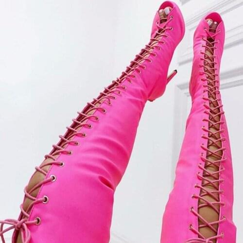 New Fashion Women Open Toe Lace-up Light Color Over Knee Platform Gladiator Boots Super High Heels Long Boots Dress Shoes