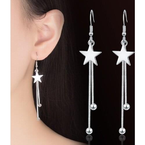 925 temperament Fashion Earrings female exaggerated five pointed star Korean medium long Tassel Earrings