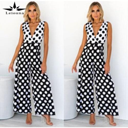 Leiouna Chiffon Fashion New V-neck Sleeveless Wave Zipper Point Women Summer Casual Wide Leg Pants Jumpsuit