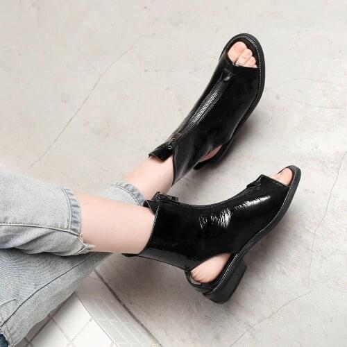 Open Toe Boots Flat Sandals Women 2020 Zipper Rome Fashion Black Sandals Patent Leather Ladies Summer Sandals for Women Shoes