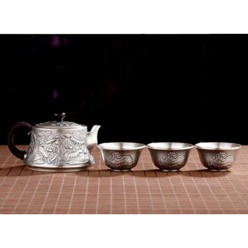 Silver pot 999 sterling silver handmade tea set Japanese retro teapot kettle home tea ceremony Kungfu tea set 220ml