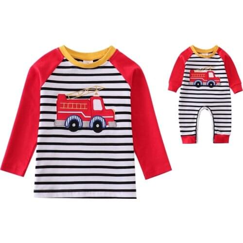 Girlymax Boys Long Sleeves Top T-shirt Fire engine Stripe Boutique Cotton T-shirts Brothers Wear Kids Clothing Romper
