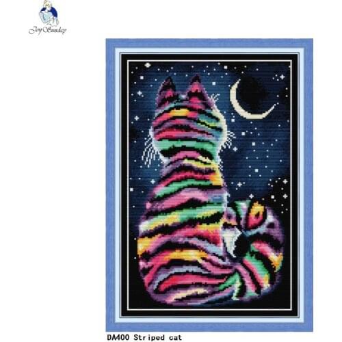 Joy Sunday Striped Cat Counted Cross Stitch kits Sale, Embroidery Needlework Set, Home Decoration Send Accessory Tools