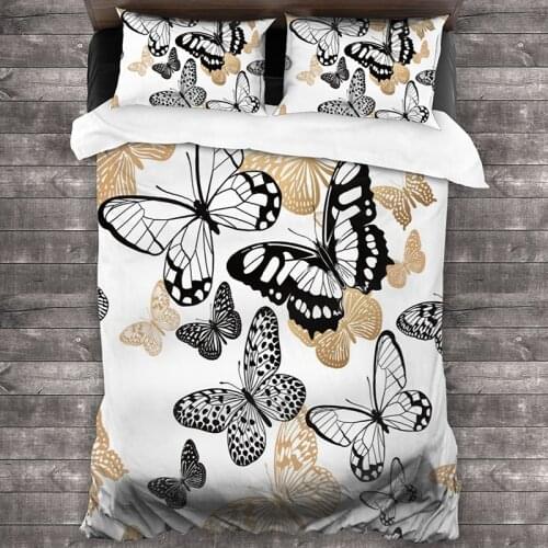 Duvet Cover Set Black White Butterfly Printed Soft Micorfiber Polyester 2/3pcs Bedding Set Queen Size Quilt Cover Pillowcases