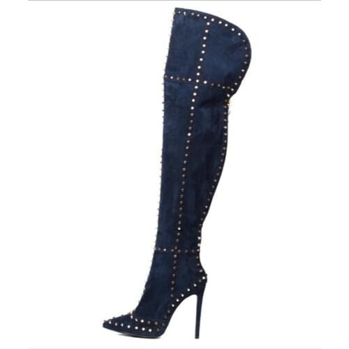 Fashion week style women thigh high boots rivets studded high heels sexy pointed toe over the knee boots club party shoes woman