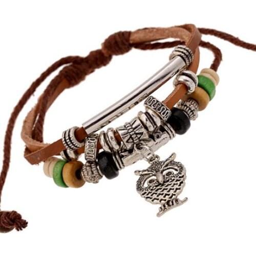 Fashion Vintage Cute Hollow Owl Bracelet Handmade Multilayer Leather Retro Beads Charm Bangle Wrap Wristband Casual Jewelry Gift