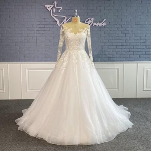 New Arrival Real Picture Wedding Dress Long Sleeve Applique Lace Bead Princess Lady Bridal Dress