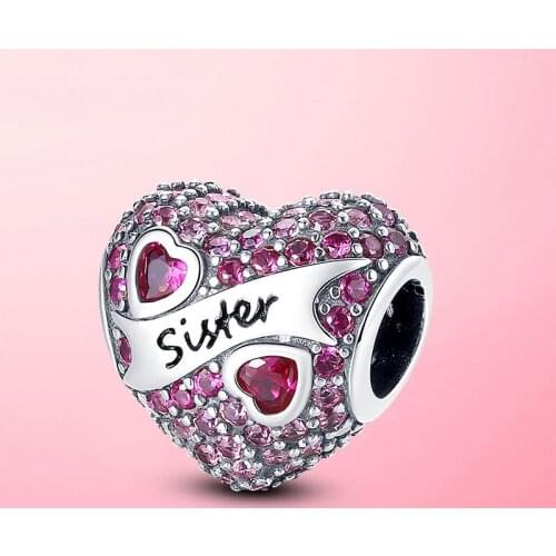 New Classic Love Beads 925 Sterling Silver Fuchsia CZ Heart Sister Charm Fit Original Pandora Bracelet Fashion Fine Jewelry