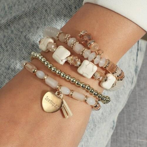 ORNAPEADIA 2021 New Ethnic Style Beaded Elastic Bracelet for Women Bohemian Love Pendant Multiple Beaded Bracelet Jewelry