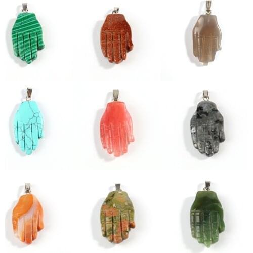 Natural Stone Agates Tiger Eye Opal Hand Shape Pendants Charms for Necklaces Making Wholesale All Mixed Material Charms 12x54mm
