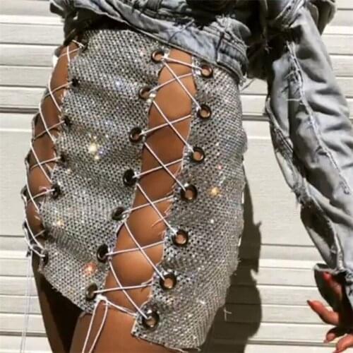 Full Rhinestones Skirt Shinny Lace Up Hollow Out Mesh Crystals mini Skirt Evening night Club Party Skirt Festival Show