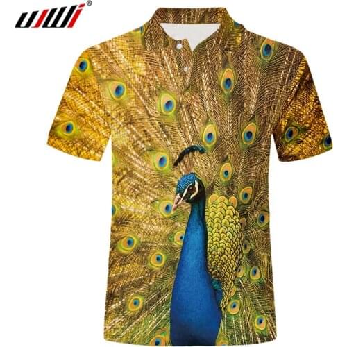UJWI new men 3D printing PoloTees animal peacock short-sleeved polo fashion casual green animal broken Polo shirt dropship 5XL