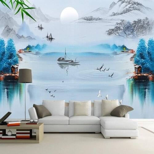 Custom Self-Adhesive Wallpaper Chinese Style Creative Ink Landscape Bird Blue Abstract Background Decorative Painting 3D Murals