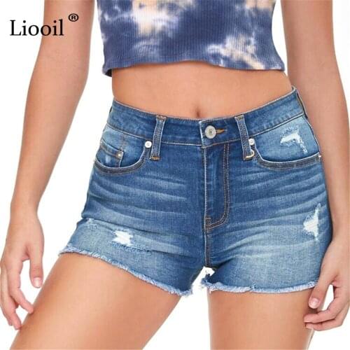 Liooil Blue Ripped Denim Shorts With Tassel Pockets Women Clothes 2021 Summer Streetwear High Waist Sexy Hole Rave Jean Shorts