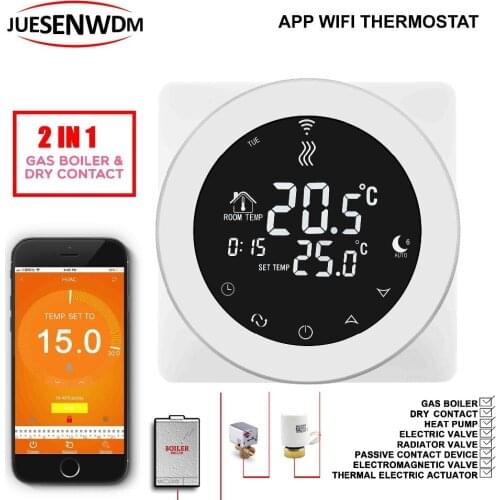 Round EU voice interaction wifi wireless room thermostat control for 2 in 1 Gas boiler dry contac & Radiator Valve