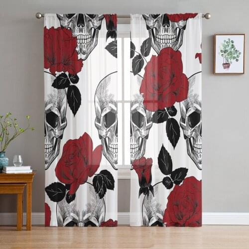 Red Roses Skulls Flower Window Treatment Tulle Modern Sheer Curtains for Kitchen Living Room the Bedroom Curtains Decoration