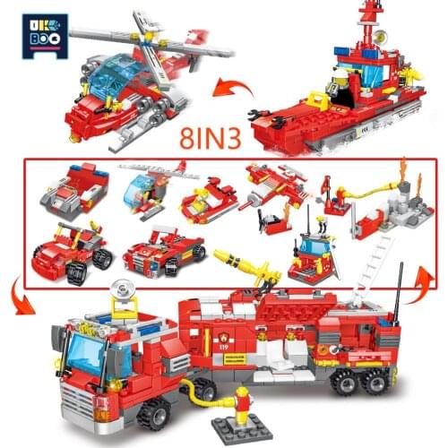 UKBOO 8IN3 City Fire Fighting Rescue Truck Model Building Blocks DIY Fireman Helicopter Boat Figures Bricks Toys for Children