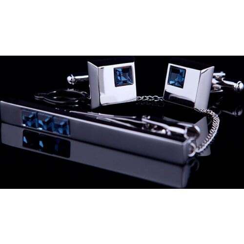 KFLK High Quality Cuff links necktie clip for tie pin for mens gift Blue Crystal tie bars cufflinks tie clip set guests