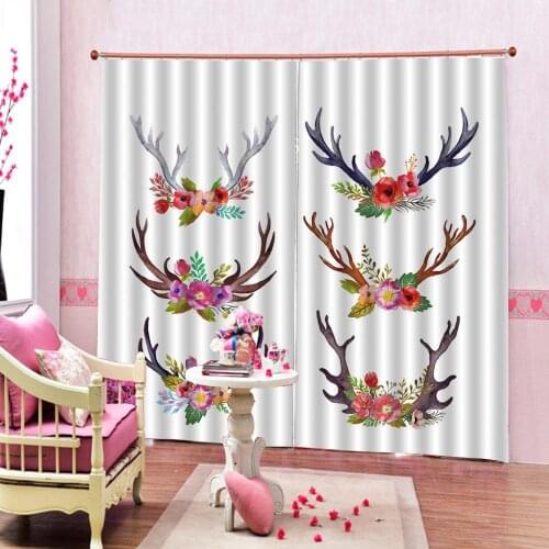 Customized Antlers Blackout Window Curtain Deer Head with Flowers Leaves Blooms Ethnic Cultural Design Print Drapes Decor Sets