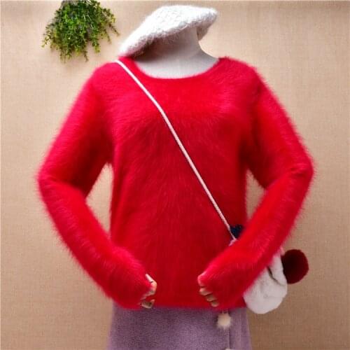 Female women autumn winter clothing christmas red mink cashmere knitted o-neck slim blouses pullover angora fur jumper sweater