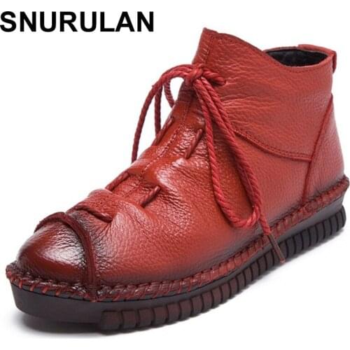 SNURULANHandmadeSoft Genuine Leather Women Ankle Boots Vintage Round Toe Short Plush Winter Warm Snow Boots Women Flat ShoesE026