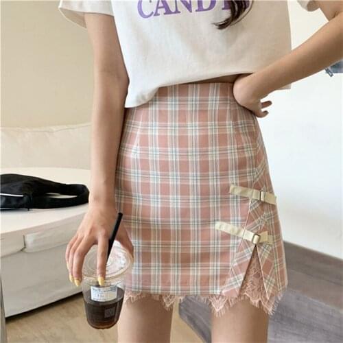 Plaid Skirts Women 2021 New Mini Skirt Korean Fashion Short Dresses A-line Skirt Kawaii Lace Summer Skirt KPOP Girl Split Skirt