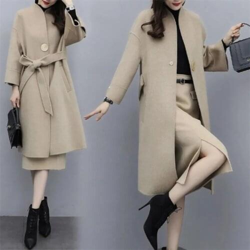 Plus Size Womens Autumn And Winter Two Piece Skirt Sets Woolen Coat Jacket+Skirt Suit Womens Wool Jacket+Skirt Suits Mujer