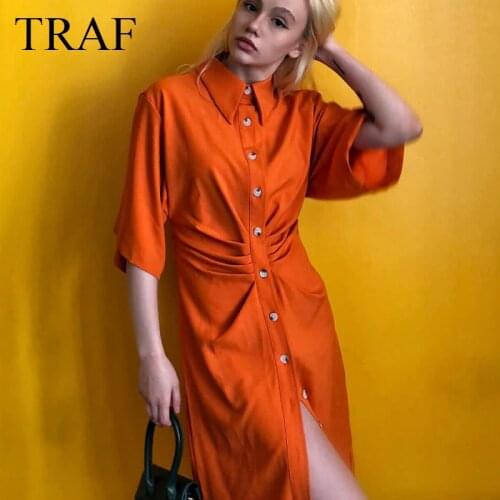 TRAF Womens Clothing 2021 Dresses Summer Sexy Satin Party Dresses Za Elegant Single-Breasted Shirring Multicolor Vintage Dress