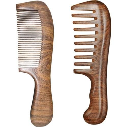 2Pcs Salon Anti-Static Long and Wide Tooth Household Natural Sandalwood Comb Massage Hairdressing Tool