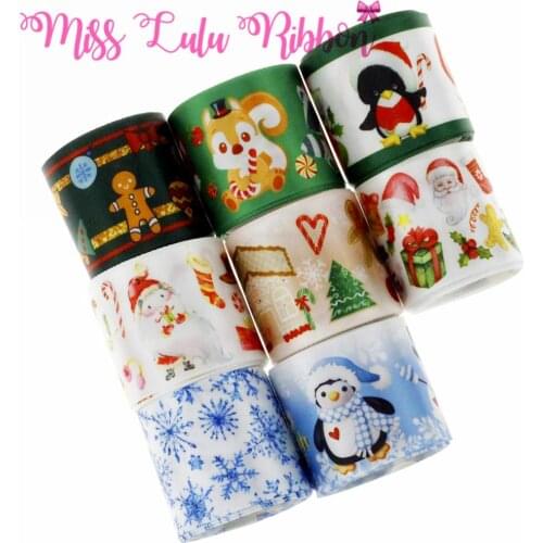 9mm-75mm Christmas Series Patterns Printed Single Face Satin Ribbon Snowflake Cute Cat DIY Hair Bowknots 100yards/roll