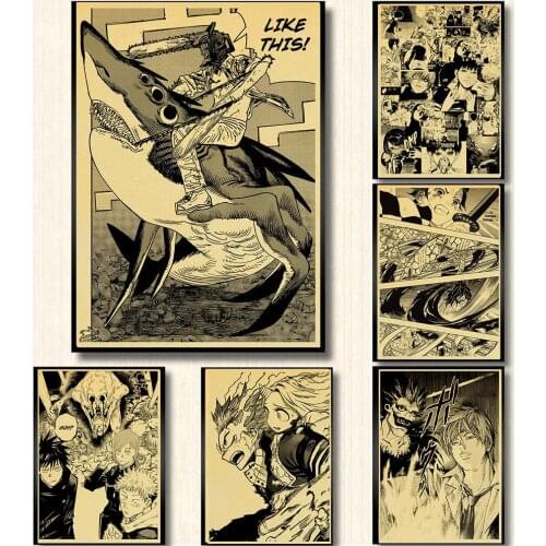 Anime Retro Black And White Poster Haikyuu/Chainsaw Man/Demon Slayer/Death Note Home Room Bedroom Art Deco Picture Wall Sticker