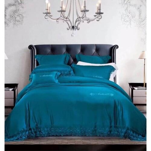 Noble 100S Egyptian cotton Blue Tencel Silky Bedding set Queen King Luxury Lace Edge Royal Duvet cover Bed sheet set Europe 4pcs