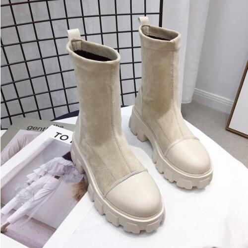 Womens winter Marten lace-up elastic boots medium stocking boots solid color platform boots