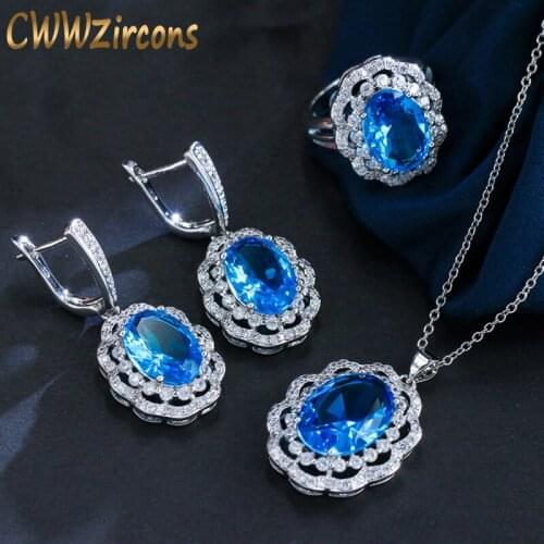 CWWZircons Vintage Women Costume Accessories Luxury Big Oval Light Blue Crystal Jewelry Sets With Cubic Zirconia Stones T012